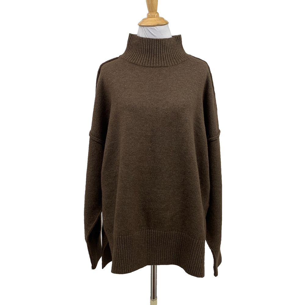Commense Sweater Womens L Large Chestnut Double Slit Ribbed High Neck Pullover